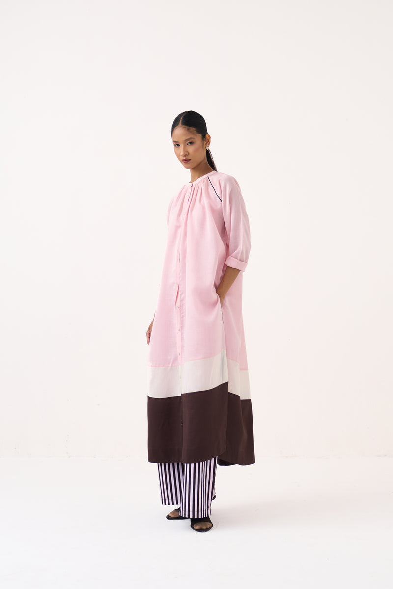 Panel Gather Neck Shirt Co-Ord-Cocoa Brown & Petal Pink chanderi co-ord set by THREE in pink for women Worldwide