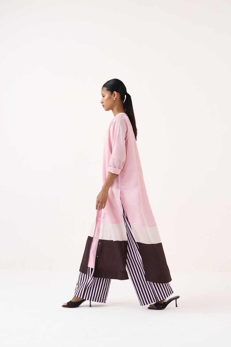 Panel Gather Neck Shirt Co-Ord-Cocoa Brown & Petal Pink chanderi co-ord set by THREE in pink for women Worldwide