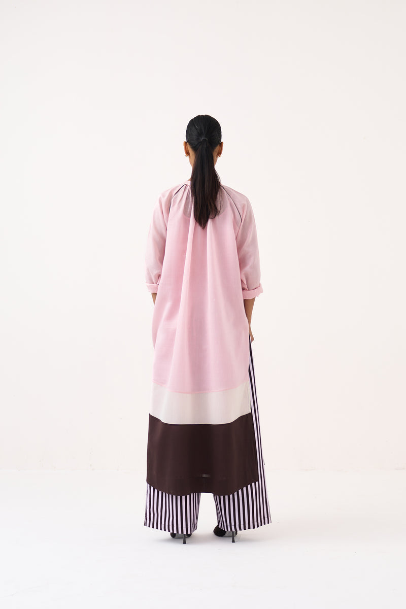 Panel Gather Neck Shirt Co-Ord-Cocoa Brown & Petal Pink chanderi co-ord set by THREE in pink for women Worldwide