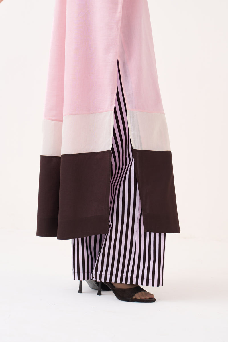 Panel Gather Neck Shirt Co-Ord-Cocoa Brown & Petal Pink chanderi co-ord set by THREE in pink for women Worldwide