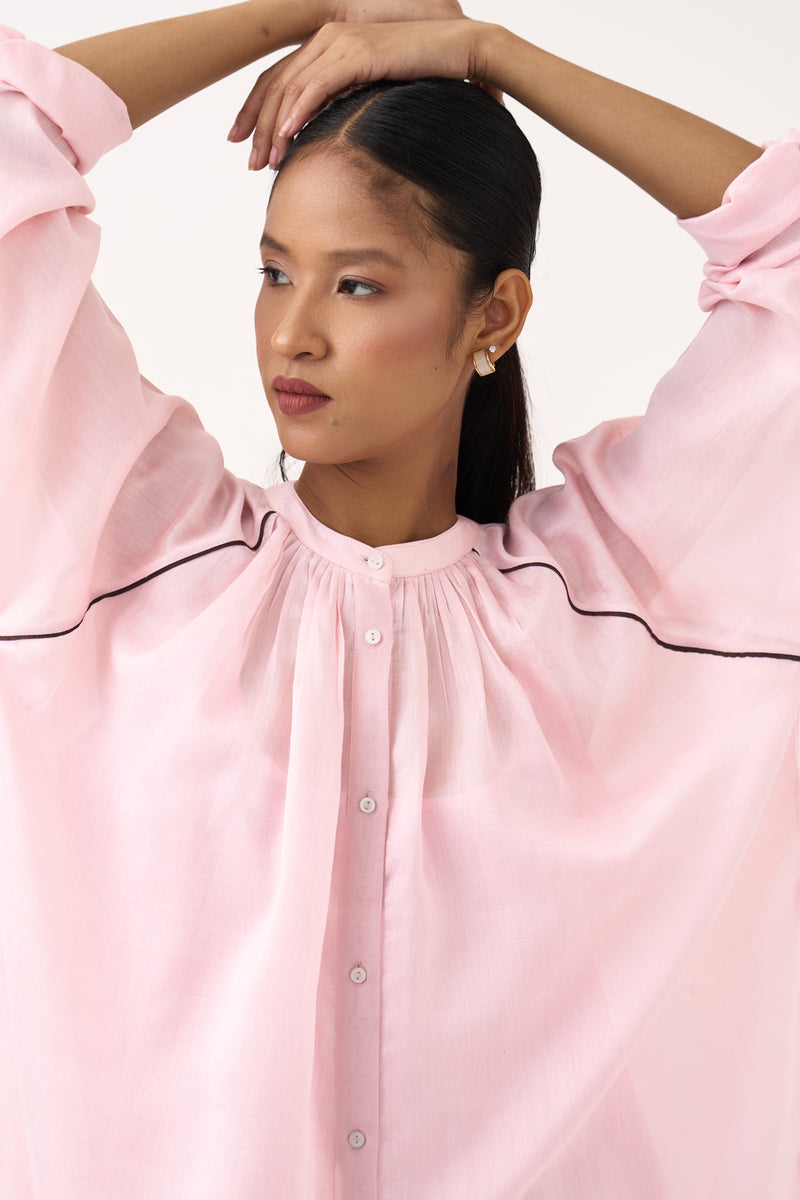 Panel Gather Neck Shirt Co-Ord-Cocoa Brown & Petal Pink chanderi co-ord set by THREE in pink for women Worldwide