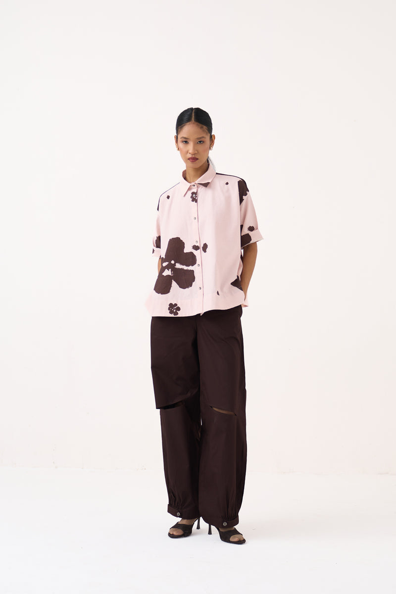 Floral Wide Hem Shirt Co-Ord-Petal Pink Floral & Cocoa Brown crushed cotton co-ord set by THREE in pink for women Worldwide