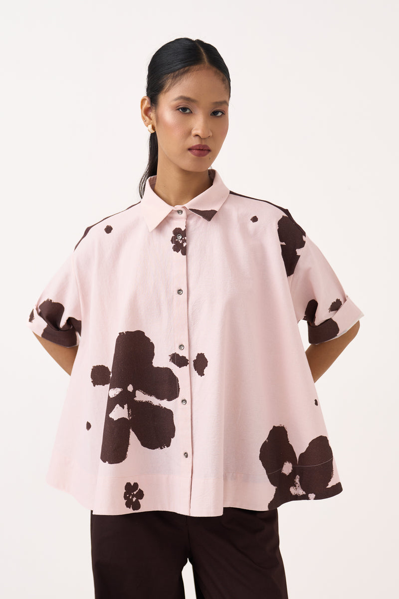 Floral Wide Hem Shirt Co-Ord-Petal Pink Floral & Cocoa Brown crushed cotton co-ord set by THREE in pink for women Worldwide