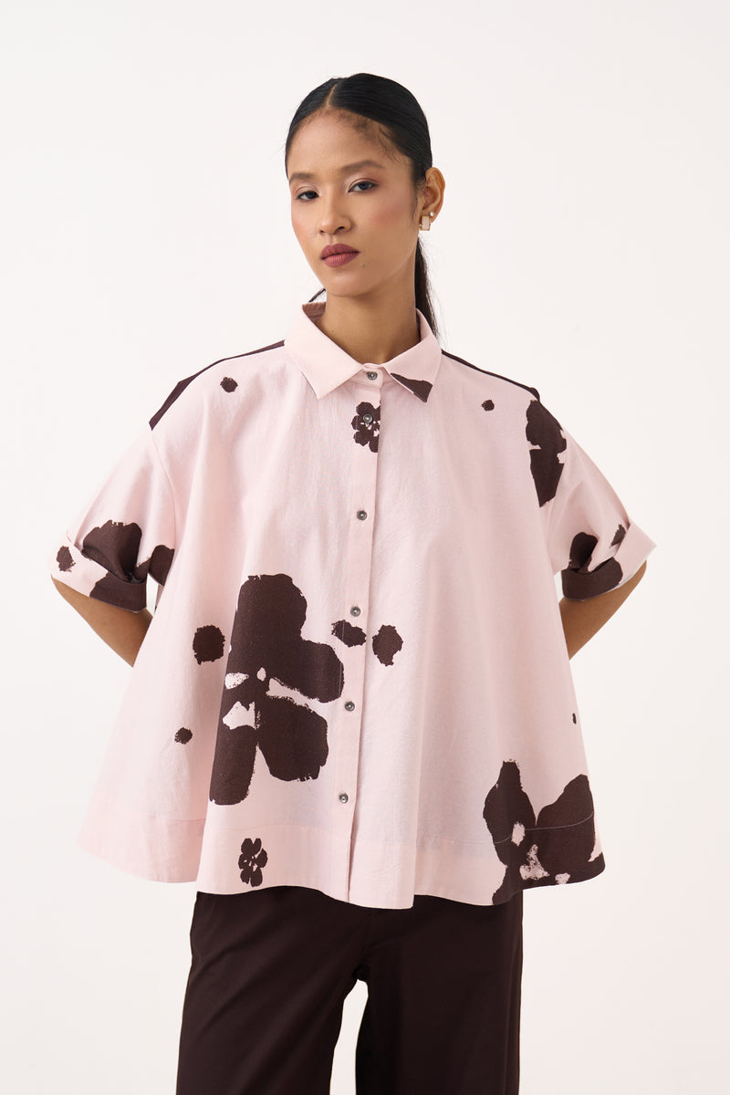 Floral Wide Hem Shirt-Petal Pink Floral  crushed cotton tunics/kaftan by THREE in pink for women Worldwide