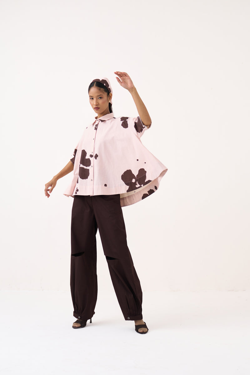 Floral Wide Hem Shirt Co-Ord-Petal Pink Floral & Cocoa Brown crushed cotton co-ord set by THREE in pink for women Worldwide
