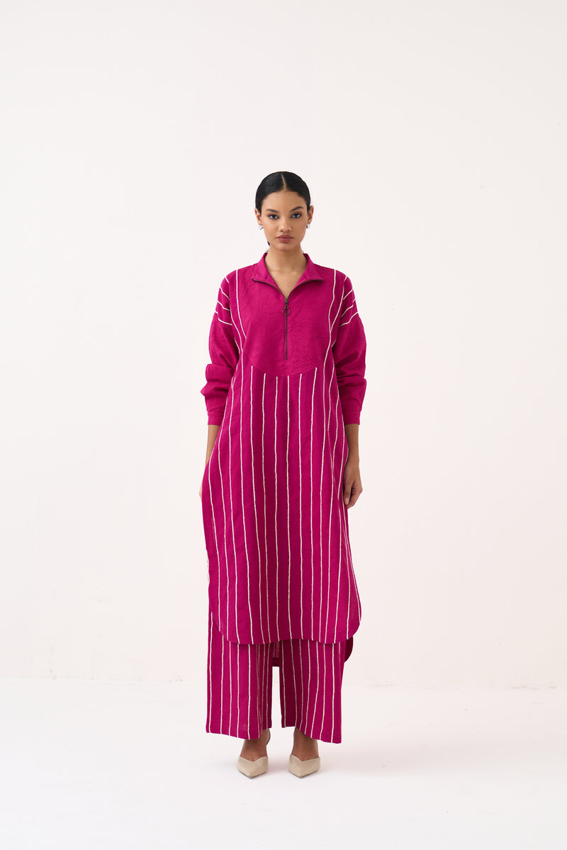 U-Yoke Emb. Tunic Co-Ord (Set Of 2)-Bright Berry handwoven cotton co-ord set by THREE in pink for women Worldwide