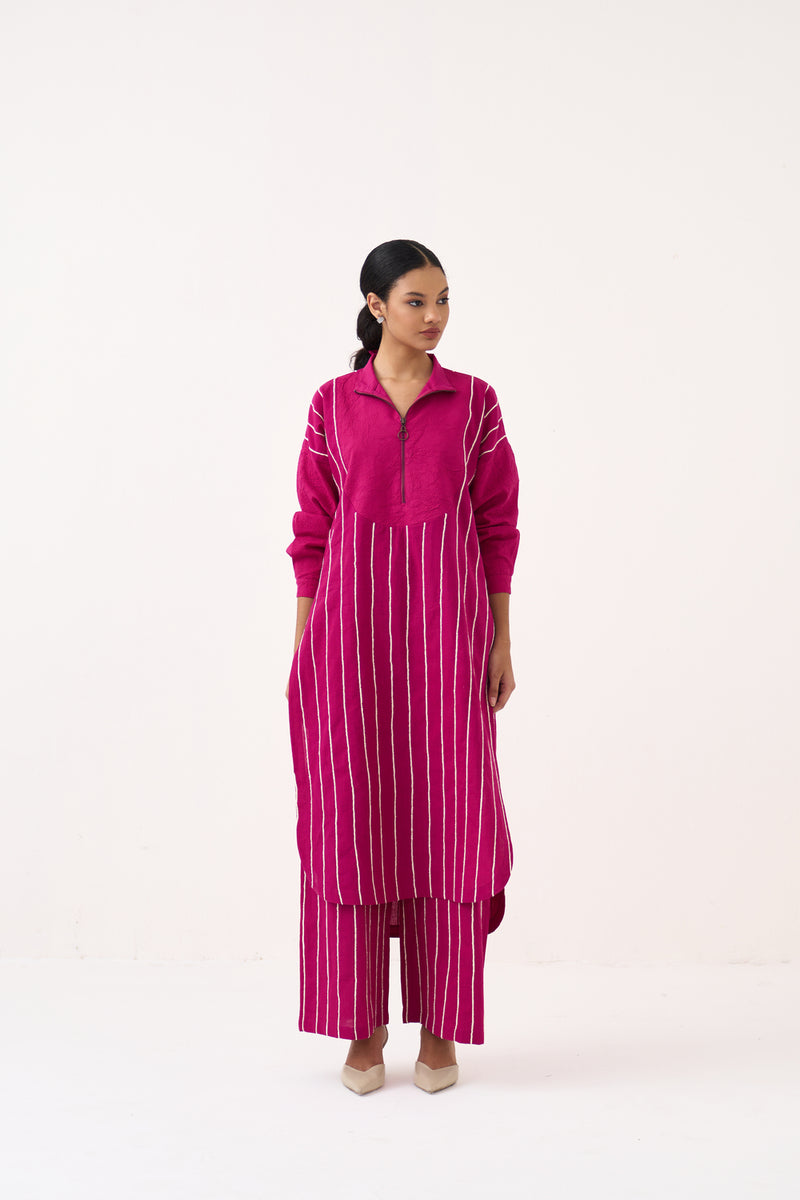 U-Yoke Emb. Tunic-Bright Berry handwoven cotton tunics/kaftan by THREE in pink for women Worldwide