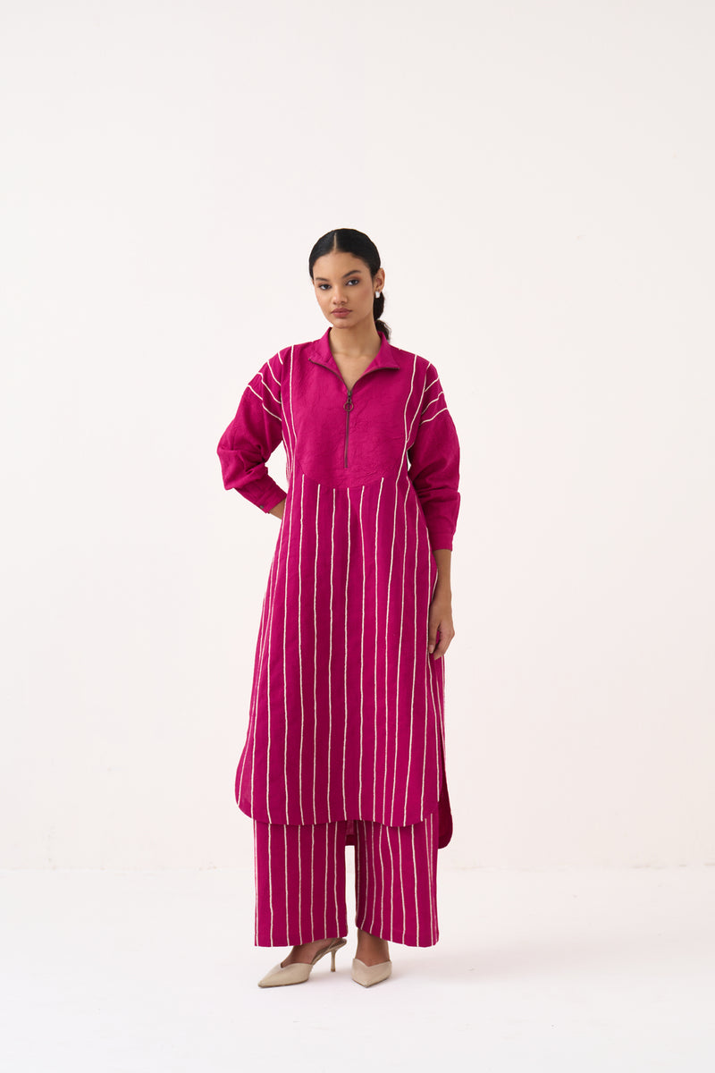 U-Yoke Emb. Tunic-Bright Berry handwoven cotton tunics/kaftan by THREE in pink for women Worldwide