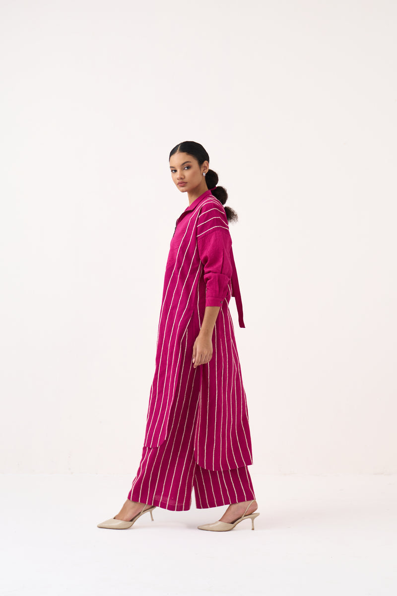 U-Yoke Emb. Tunic Co-Ord (Set Of 2)-Bright Berry handwoven cotton co-ord set by THREE in pink for women Worldwide