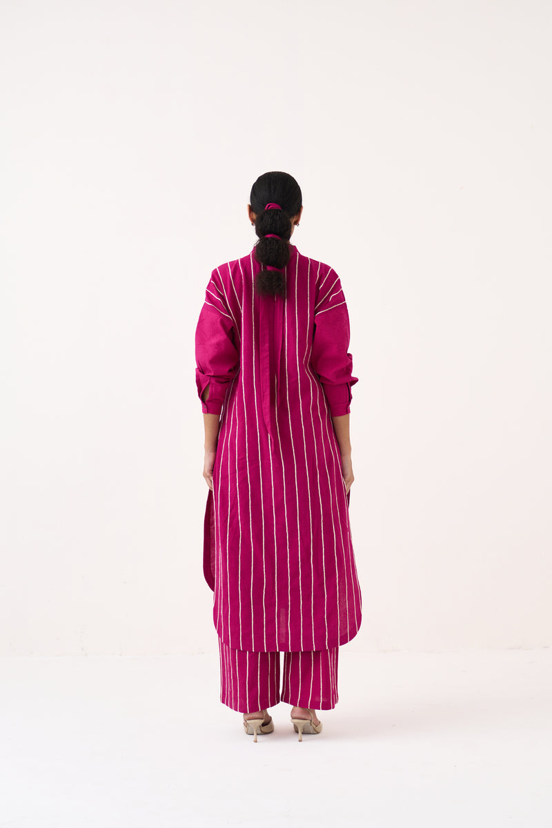 U-Yoke Emb. Tunic Co-Ord (Set Of 2)-Bright Berry handwoven cotton co-ord set by THREE in pink for women Worldwide