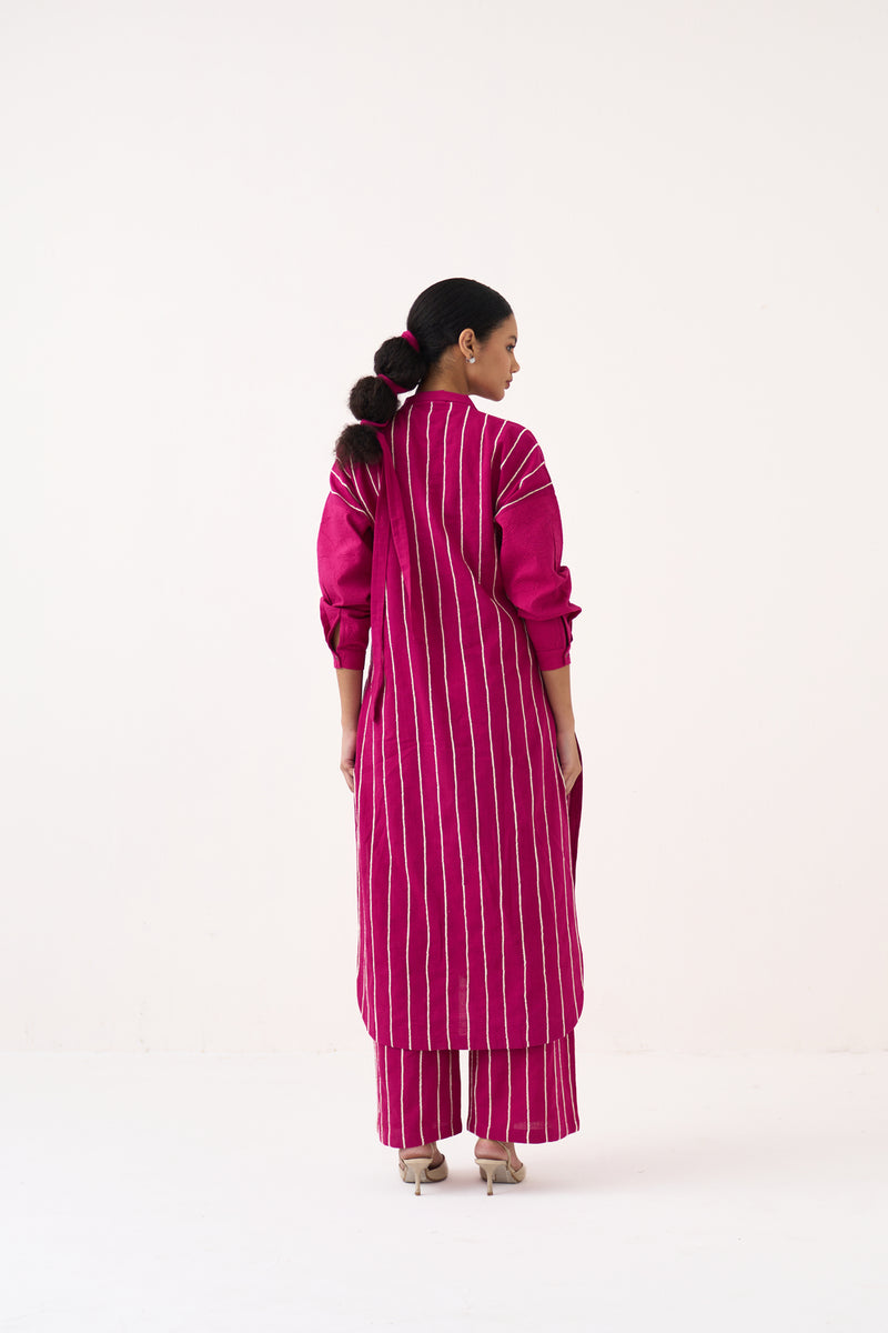 U-Yoke Emb. Tunic-Bright Berry handwoven cotton tunics/kaftan by THREE in pink for women Worldwide