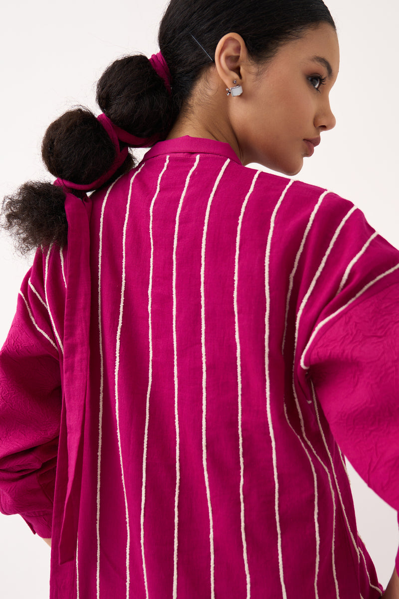 U-Yoke Emb. Tunic Co-Ord (Set Of 2)-Bright Berry handwoven cotton co-ord set by THREE in pink for women Worldwide