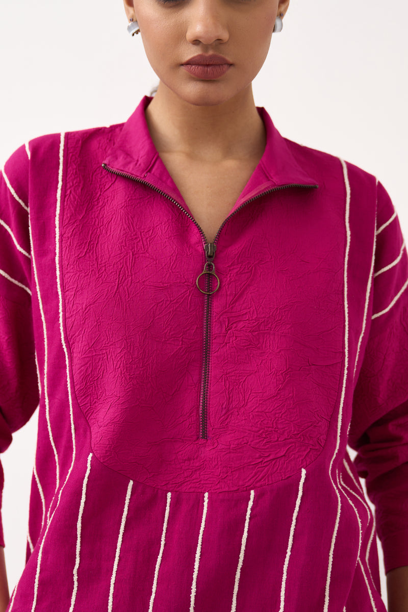 U-Yoke Emb. Tunic-Bright Berry handwoven cotton tunics/kaftan by THREE in pink for women Worldwide