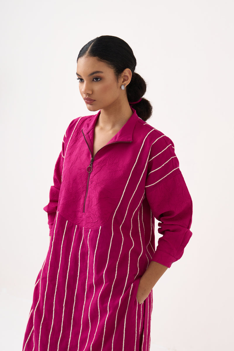 U-Yoke Emb. Tunic-Bright Berry handwoven cotton tunics/kaftan by THREE in pink for women Worldwide