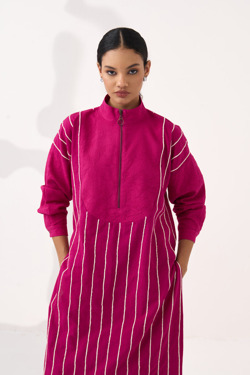 U-Yoke Emb. Tunic Co-Ord (Set Of 2)-Bright Berry handwoven cotton co-ord set by THREE in pink for women Worldwide