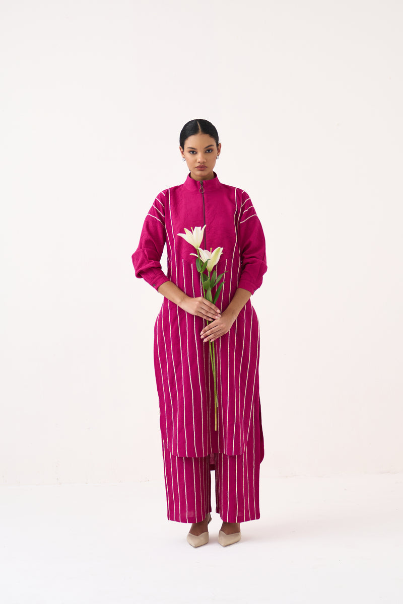 U-Yoke Emb. Tunic-Bright Berry handwoven cotton tunics/kaftan by THREE in pink for women Worldwide