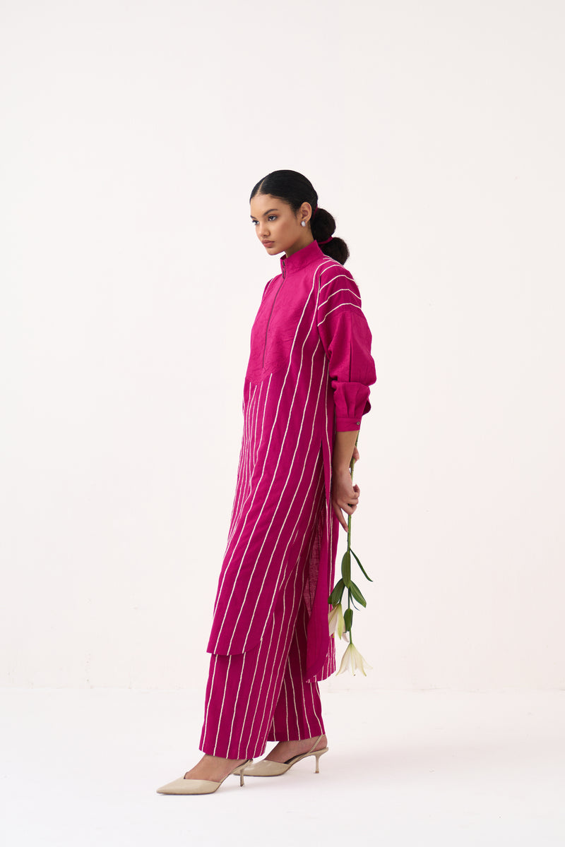 U-Yoke Emb. Tunic Co-Ord (Set Of 2)-Bright Berry handwoven cotton co-ord set by THREE in pink for women Worldwide