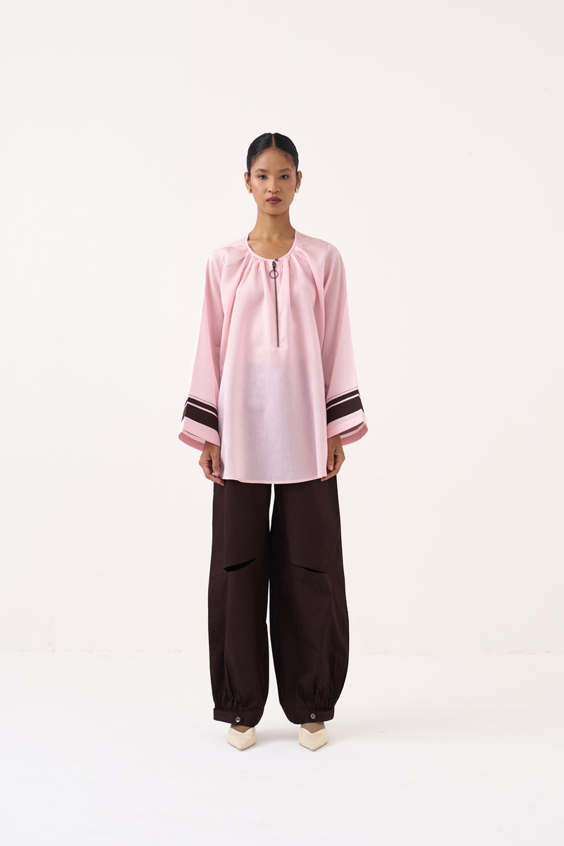 Wide Sleeve Gather Neck Top-Petal Pink chanderi top/shirt by THREE in pink for women Worldwide