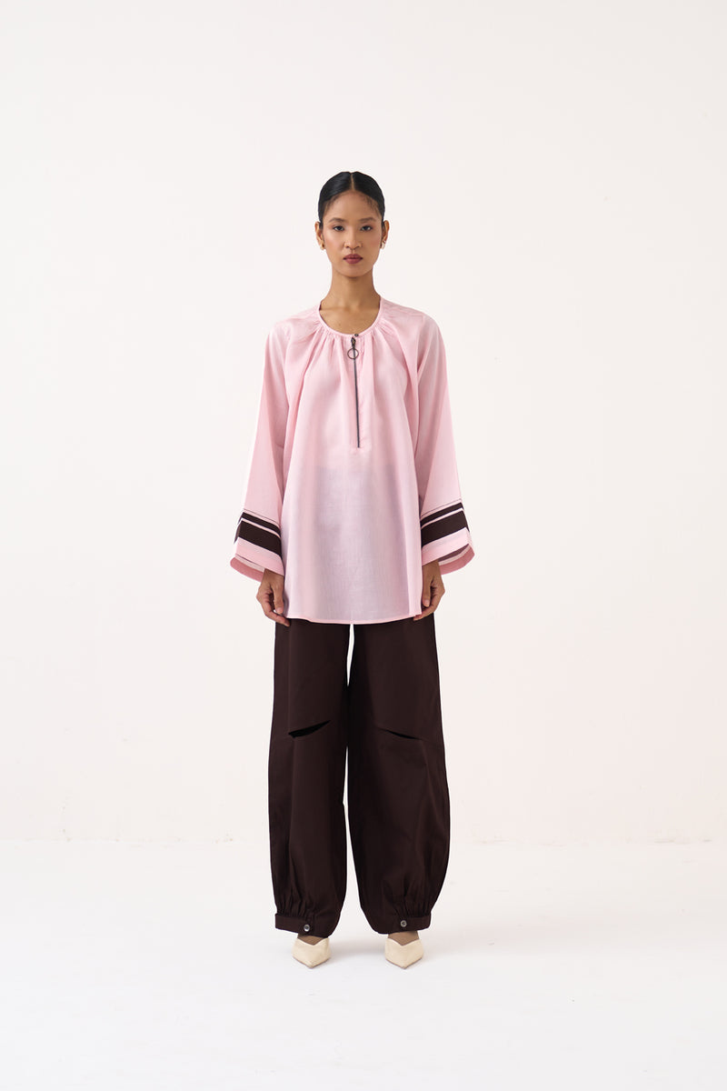 Diagonal Slit Bottom- Cocoa Brown 100% cotton poplin pant/trouser by THREE in dark brown for women Worldwide