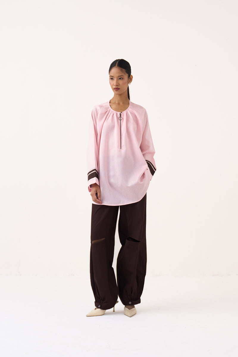 Wide Sleeve Gather Neck Top-Petal Pink chanderi top/shirt by THREE in pink for women Worldwide