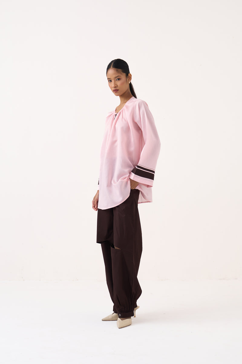 Wide Sleeve Gather Neck Top-Petal Pink chanderi top/shirt by THREE in pink for women Worldwide