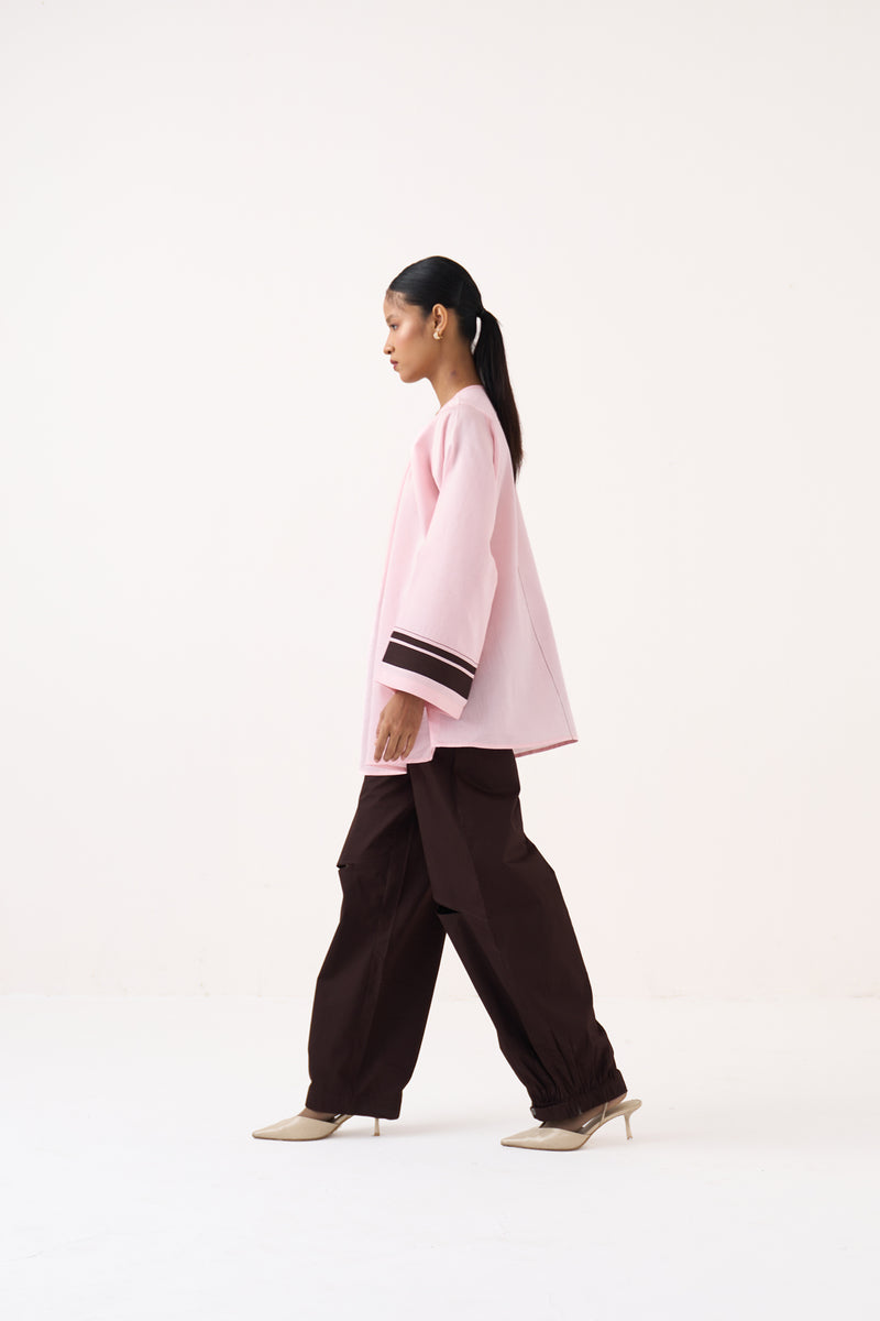 Diagonal Slit Bottom- Cocoa Brown 100% cotton poplin pant/trouser by THREE in dark brown for women Worldwide