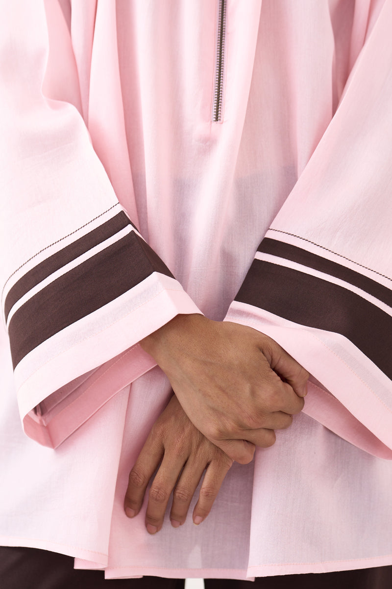 Wide Sleeve Gather Neck Top-Petal Pink chanderi top/shirt by THREE in pink for women Worldwide