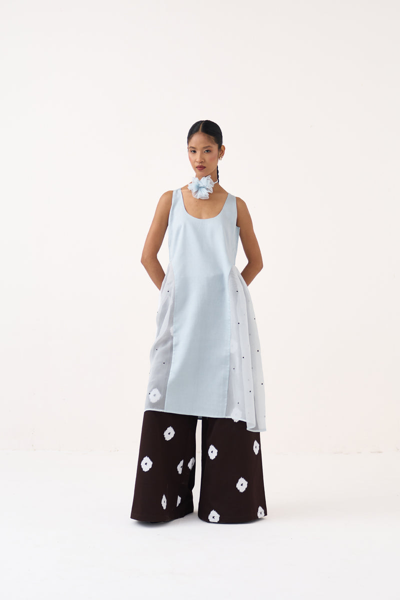 Side U-Gather Tunic Co-Ord-Ice Blue & Cocoa Brown chanderi/organza co-ord set by THREE in ice blue for women Worldwide