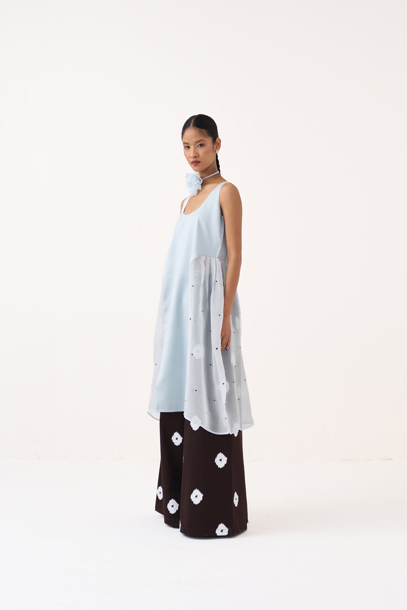 Side U-Gather Tunic Co-Ord-Ice Blue & Cocoa Brown chanderi/organza co-ord set by THREE in ice blue for women Worldwide