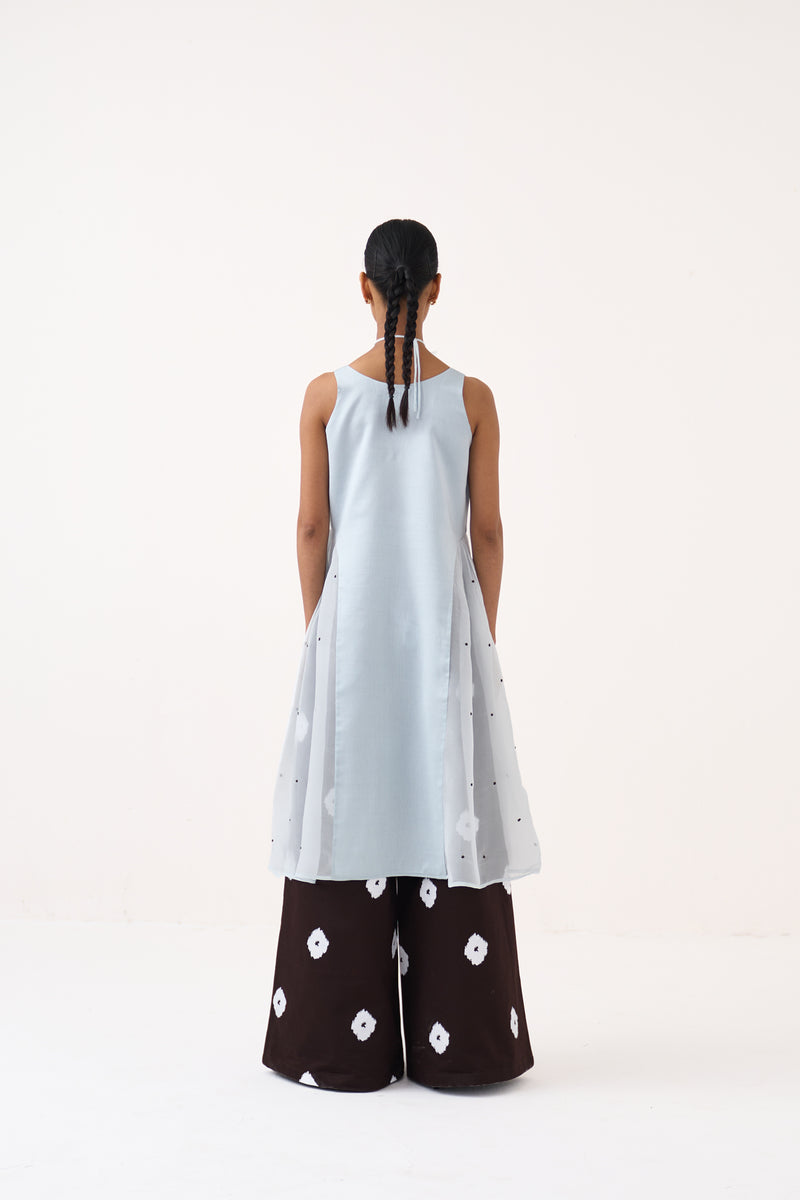 Side U-Gather Tunic Co-Ord-Ice Blue & Cocoa Brown chanderi/organza co-ord set by THREE in ice blue for women Worldwide