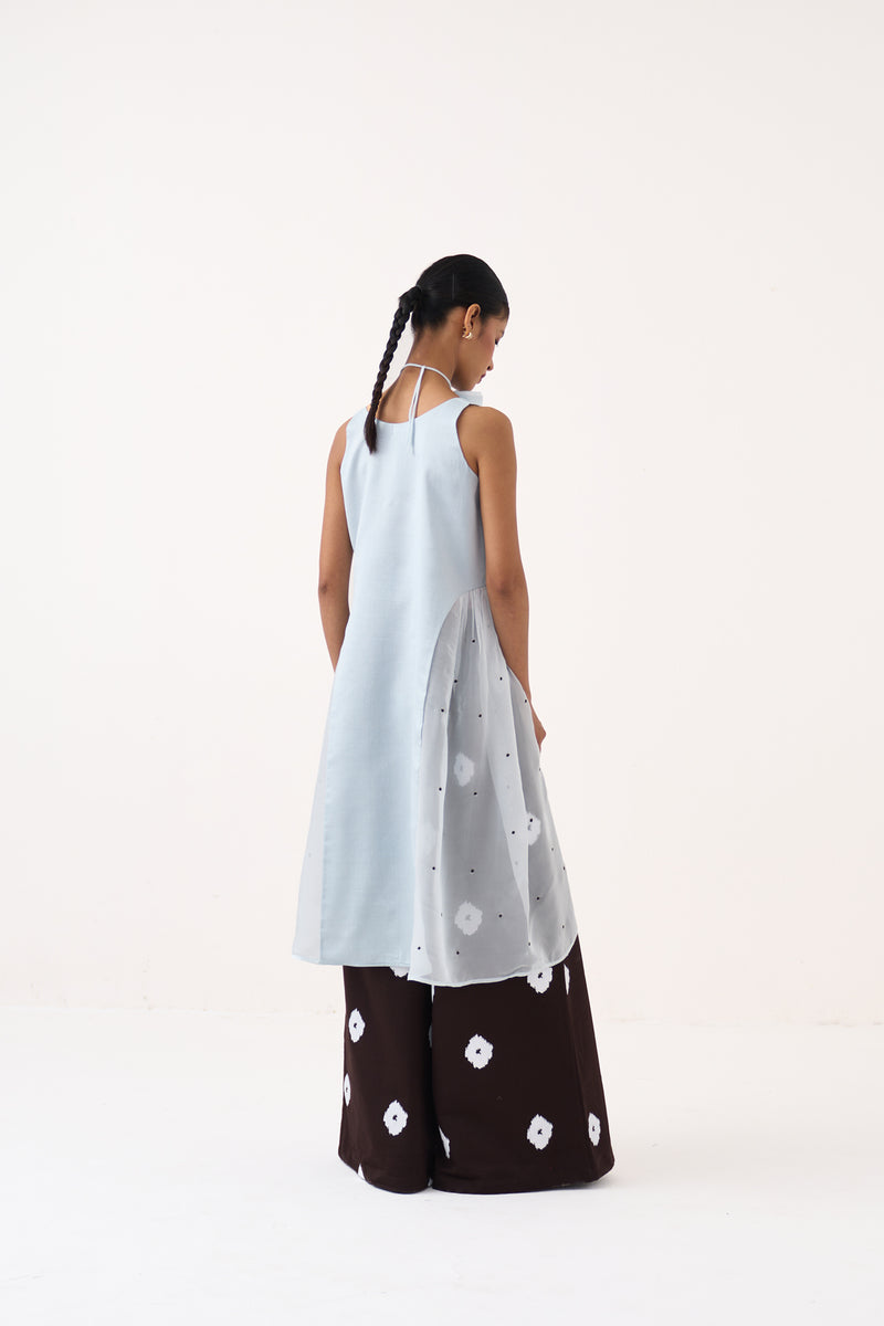Side U-Gather Tunic Co-Ord-Ice Blue & Cocoa Brown chanderi/organza co-ord set by THREE in ice blue for women Worldwide