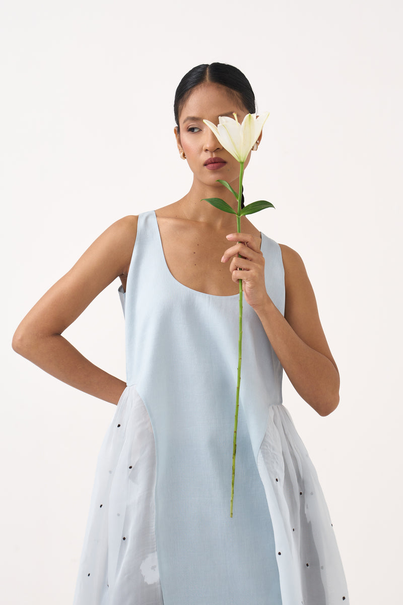 Side U-Gather Tunic Co-Ord-Ice Blue & Cocoa Brown chanderi/organza co-ord set by THREE in ice blue for women Worldwide