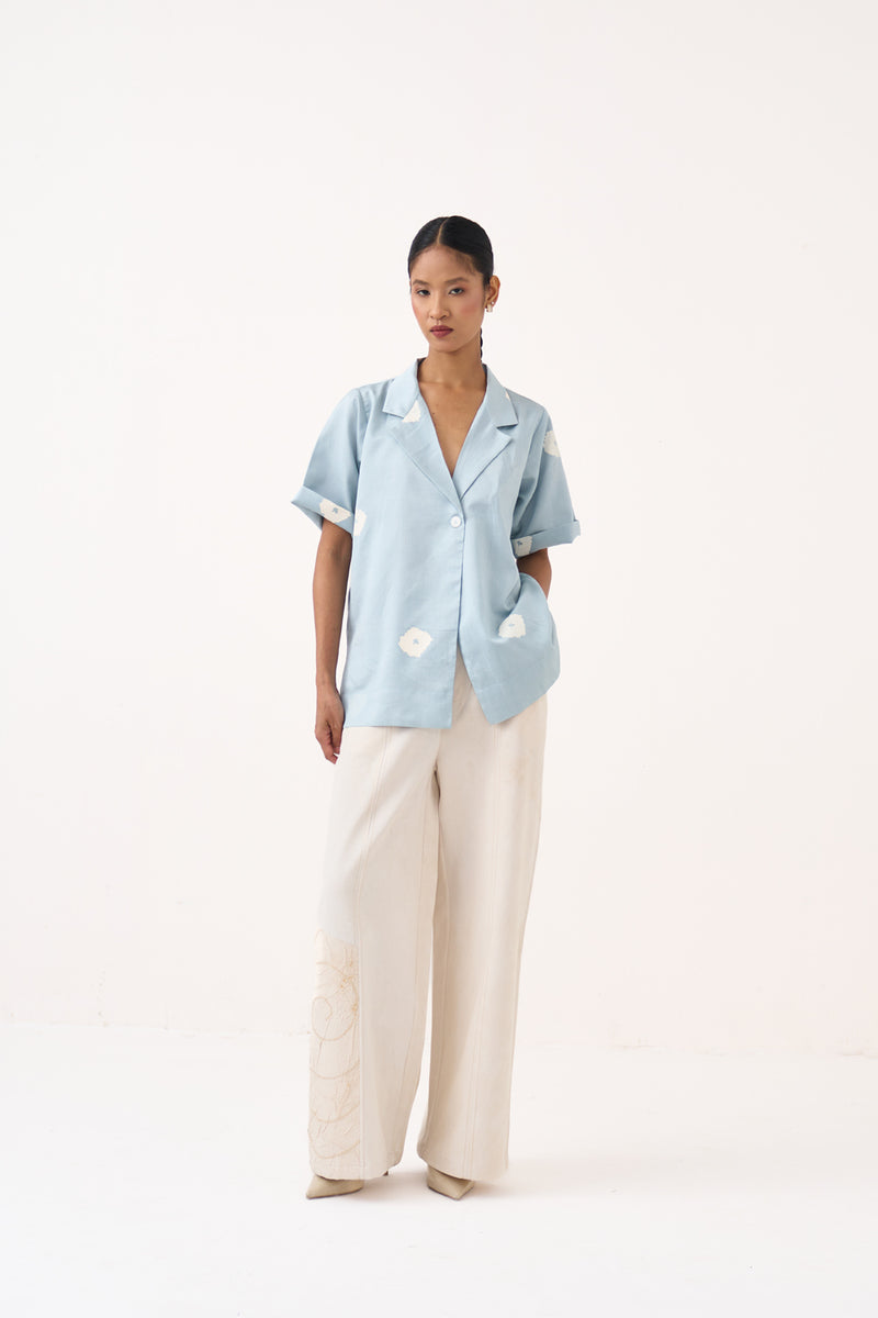Block Print Blazer-Ice Blue chanderi jacket/overlay by THREE in ice blue for women Worldwide