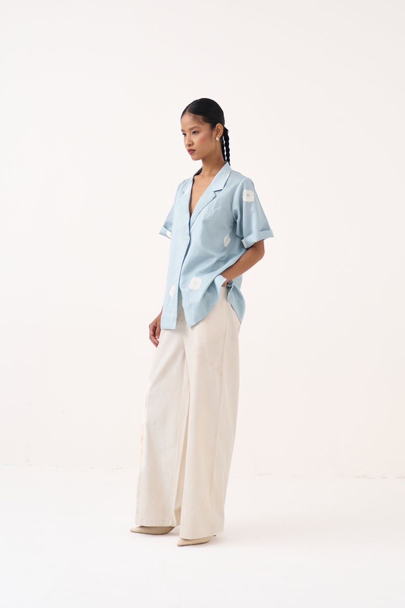 Block Print Blazer-Ice Blue chanderi jacket/overlay by THREE in ice blue for women Worldwide