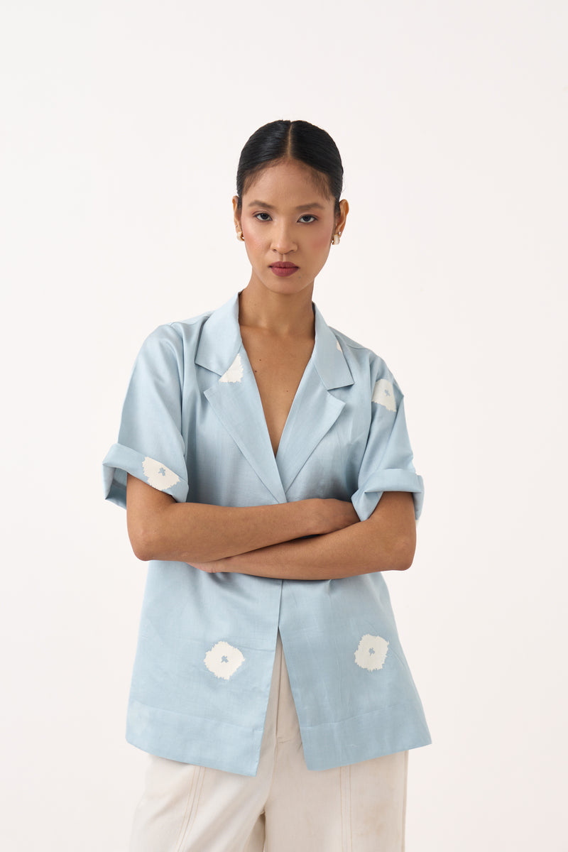 Block Print Blazer-Ice Blue chanderi jacket/overlay by THREE in ice blue for women Worldwide