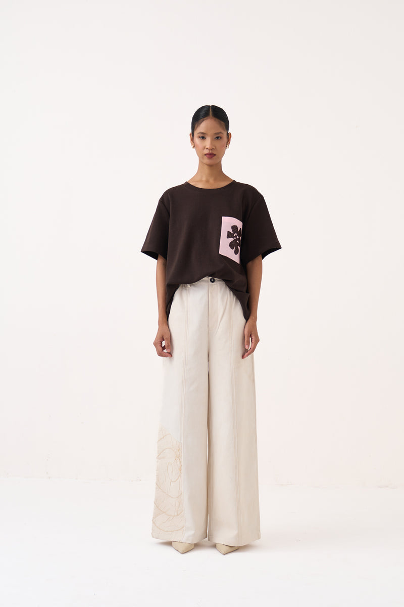 Ripple Emb. Bottom-Ivory cotton twill pant/trouser by THREE in Ivory for women Worldwide