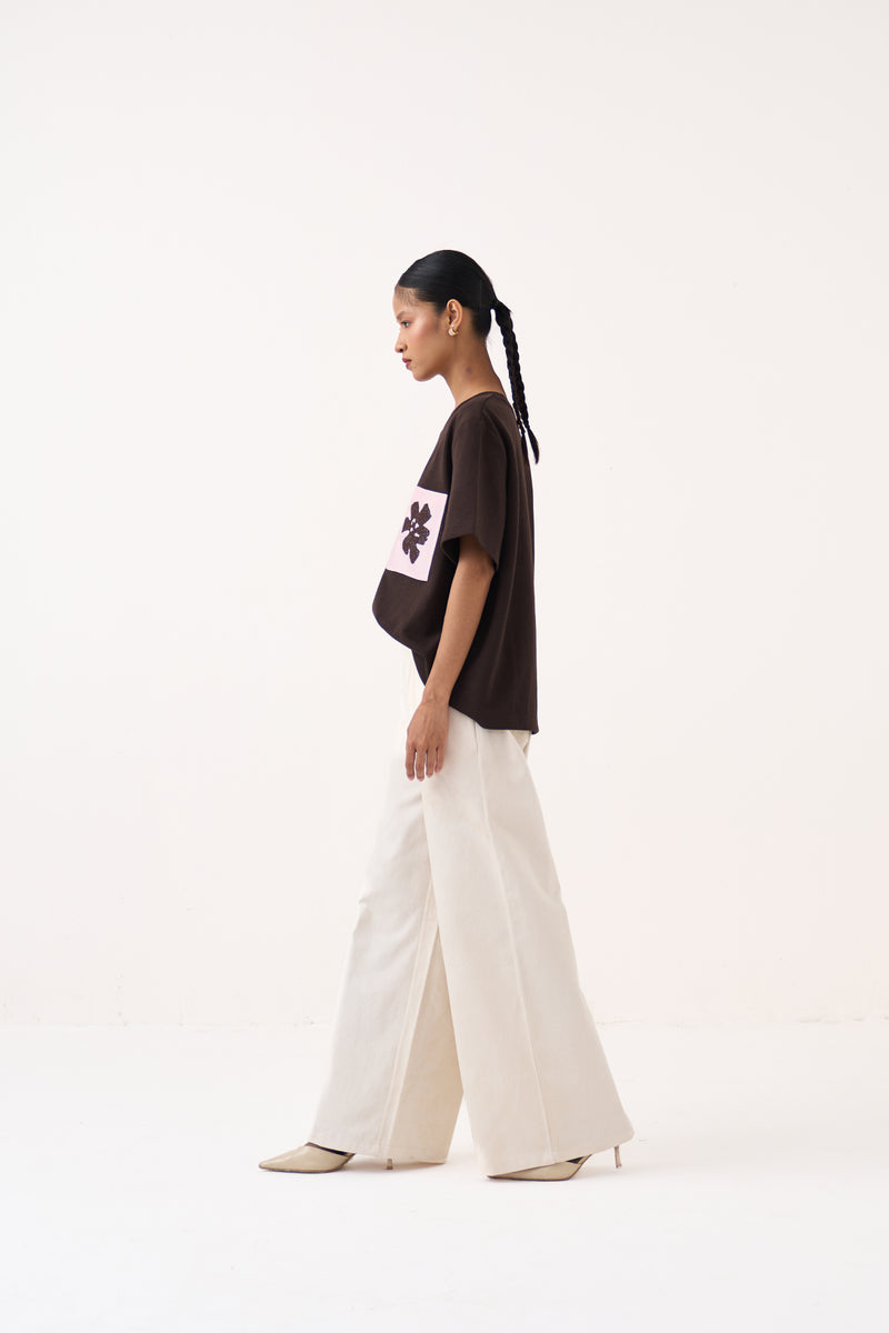 Ripple Emb. Bottom-Ivory cotton twill pant/trouser by THREE in Ivory for women Worldwide