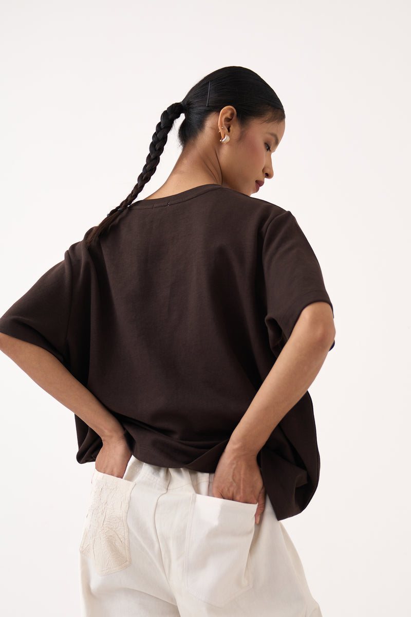Emb. Patch Pocket T-Shirt-T-Cocoa Brown cotton jersey top/shirt by THREE in dark brown for women Worldwide