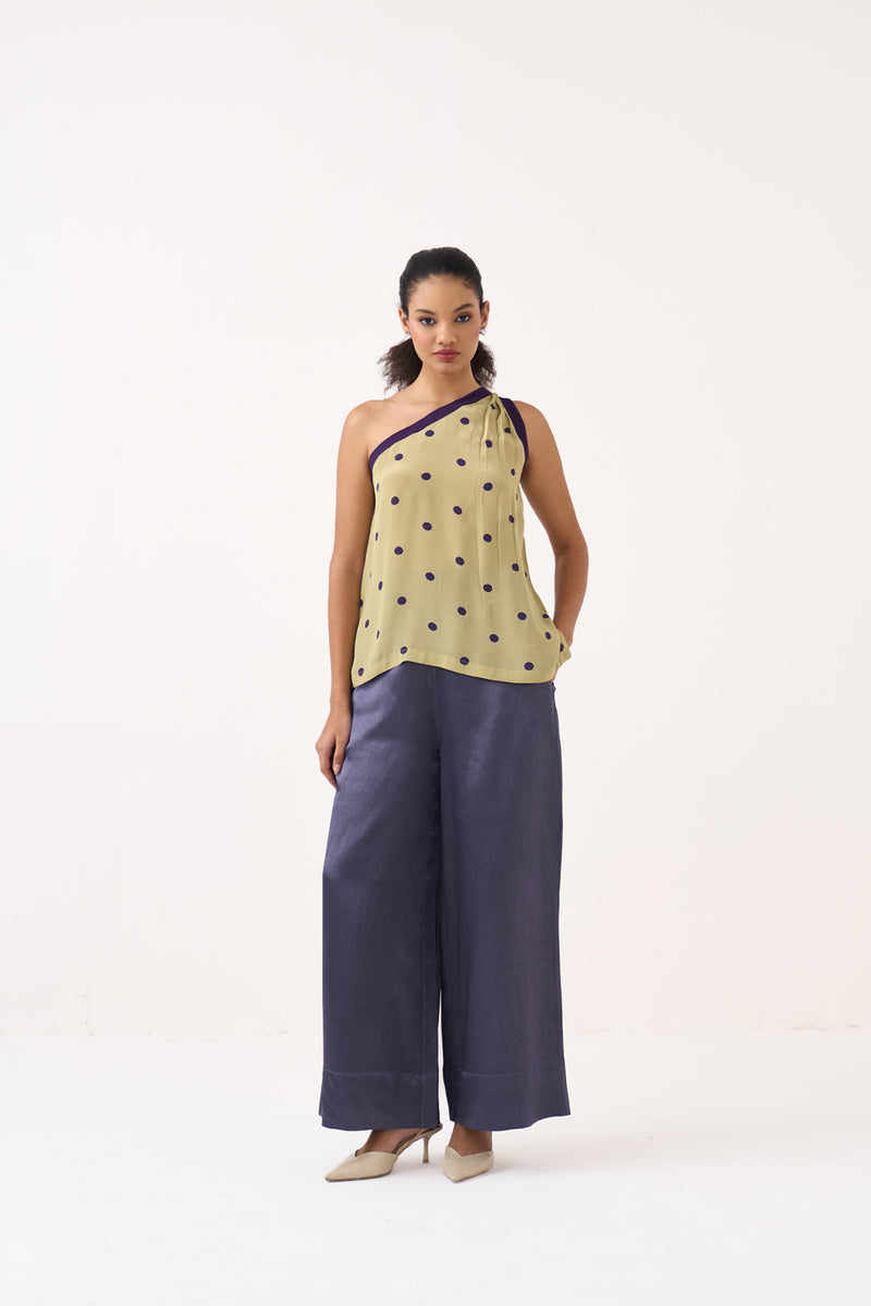 One Shoulder Top Co-Ord-Ash Violet Polka/Soft Moss silk crepe co-ord set by THREE in soft moss for women Worldwide