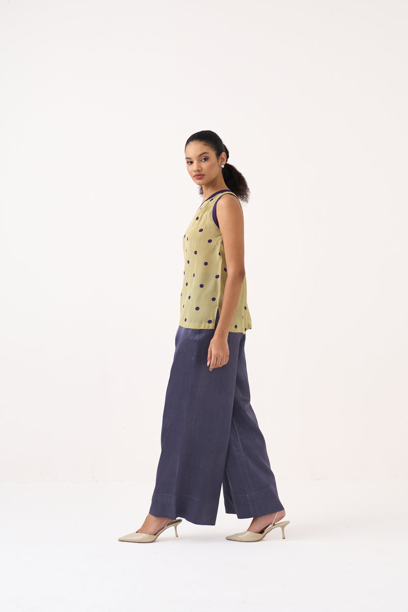 One Shoulder Top-Ash Violet Polka/Soft Moss silk crepe top/shirt by THREE in soft moss for women Worldwide
