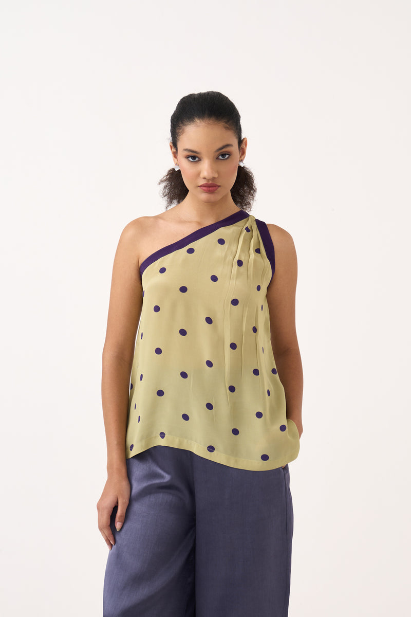 One Shoulder Top Co-Ord-Ash Violet Polka/Soft Moss silk crepe co-ord set by THREE in soft moss for women Worldwide