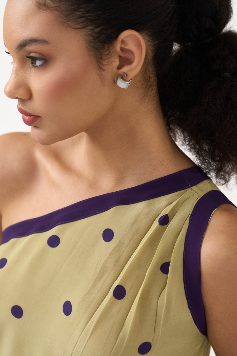 One Shoulder Top-Ash Violet Polka/Soft Moss silk crepe top/shirt by THREE in soft moss for women Worldwide