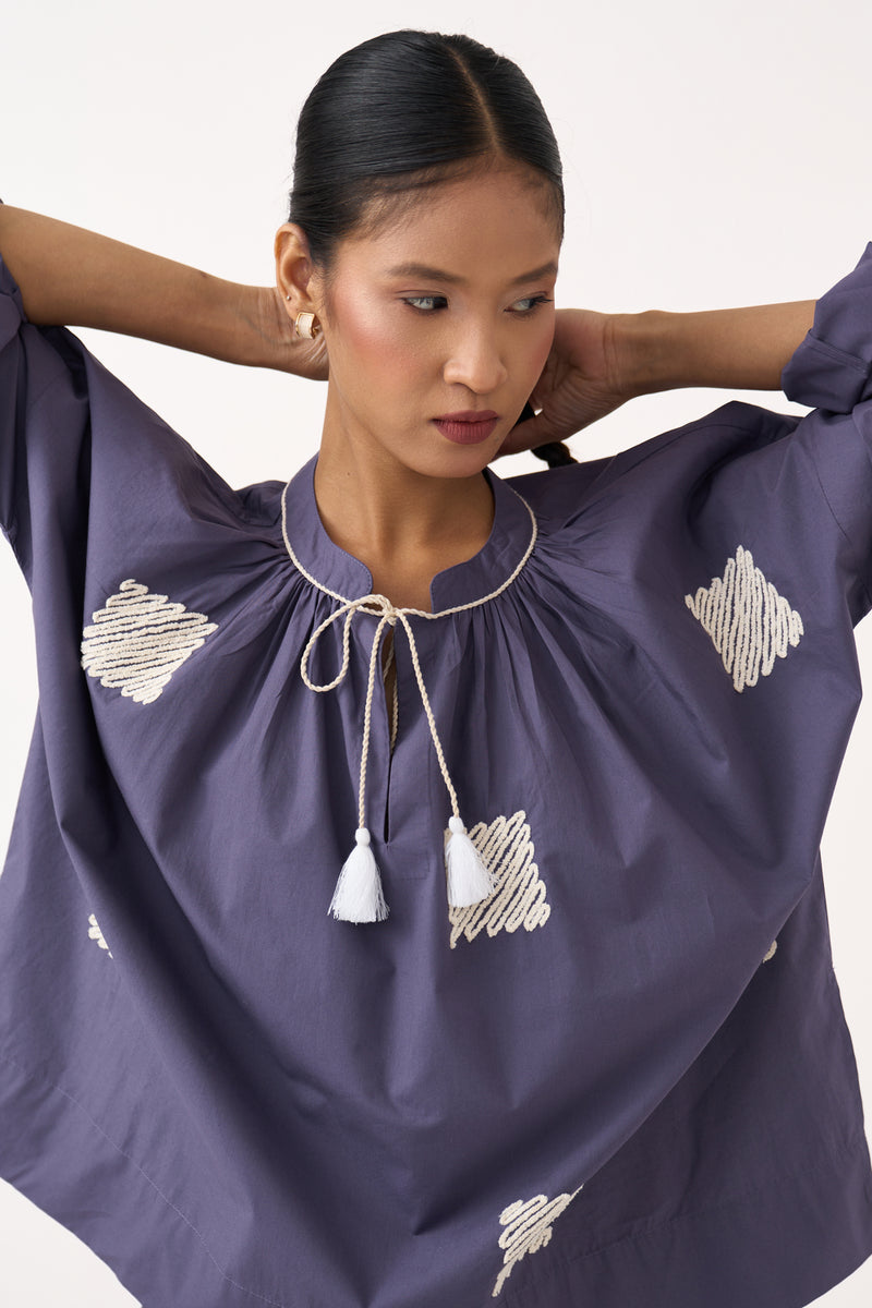 Wave Emb. Top-Ash Violet poplin top/shirt by THREE in violet for women Worldwide