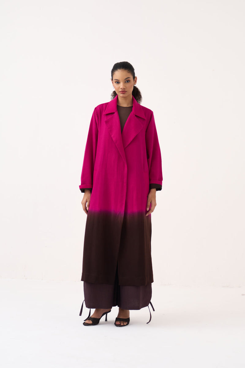 Dip Dye Woollen Trench Co-Ord (Set Of 2)-Fuchsia / Dark Brown handwoven cotton co-ord set by THREE in fuchsia / brown for women Worldwide