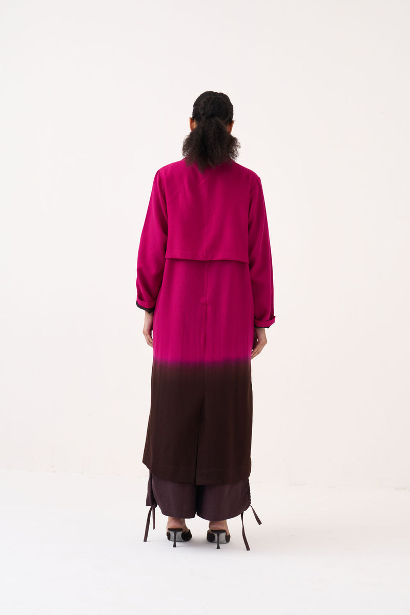 Dip Dye Woollen Trench Co-Ord (Set Of 2)-Fuchsia / Dark Brown handwoven cotton co-ord set by THREE in fuchsia / brown for women Worldwide