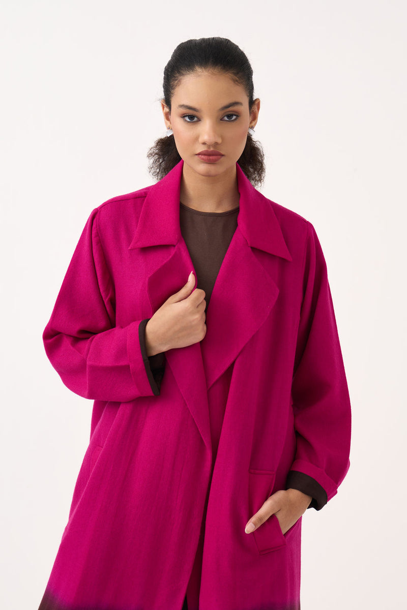 Dip Dye Woollen Trench Co-Ord (Set Of 2)-Fuchsia / Dark Brown handwoven cotton co-ord set by THREE in fuchsia / brown for women Worldwide