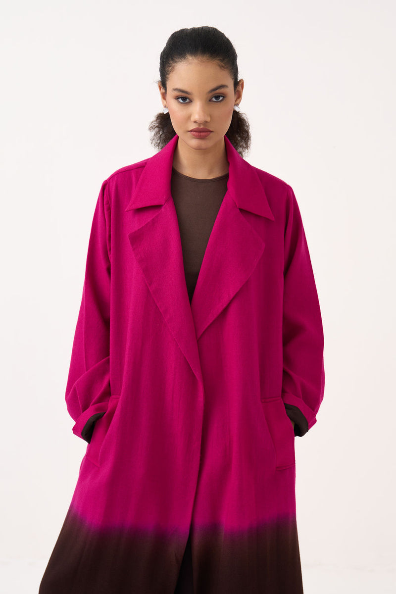Dip Dye Woollen Trench Co-Ord (Set Of 2)-Fuchsia / Dark Brown handwoven cotton co-ord set by THREE in fuchsia / brown for women Worldwide