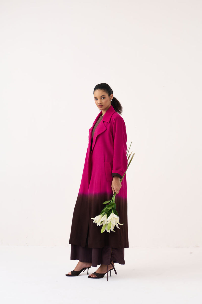 Dip Dye Woollen Trench Co-Ord (Set Of 2)-Fuchsia / Dark Brown handwoven cotton co-ord set by THREE in fuchsia / brown for women Worldwide