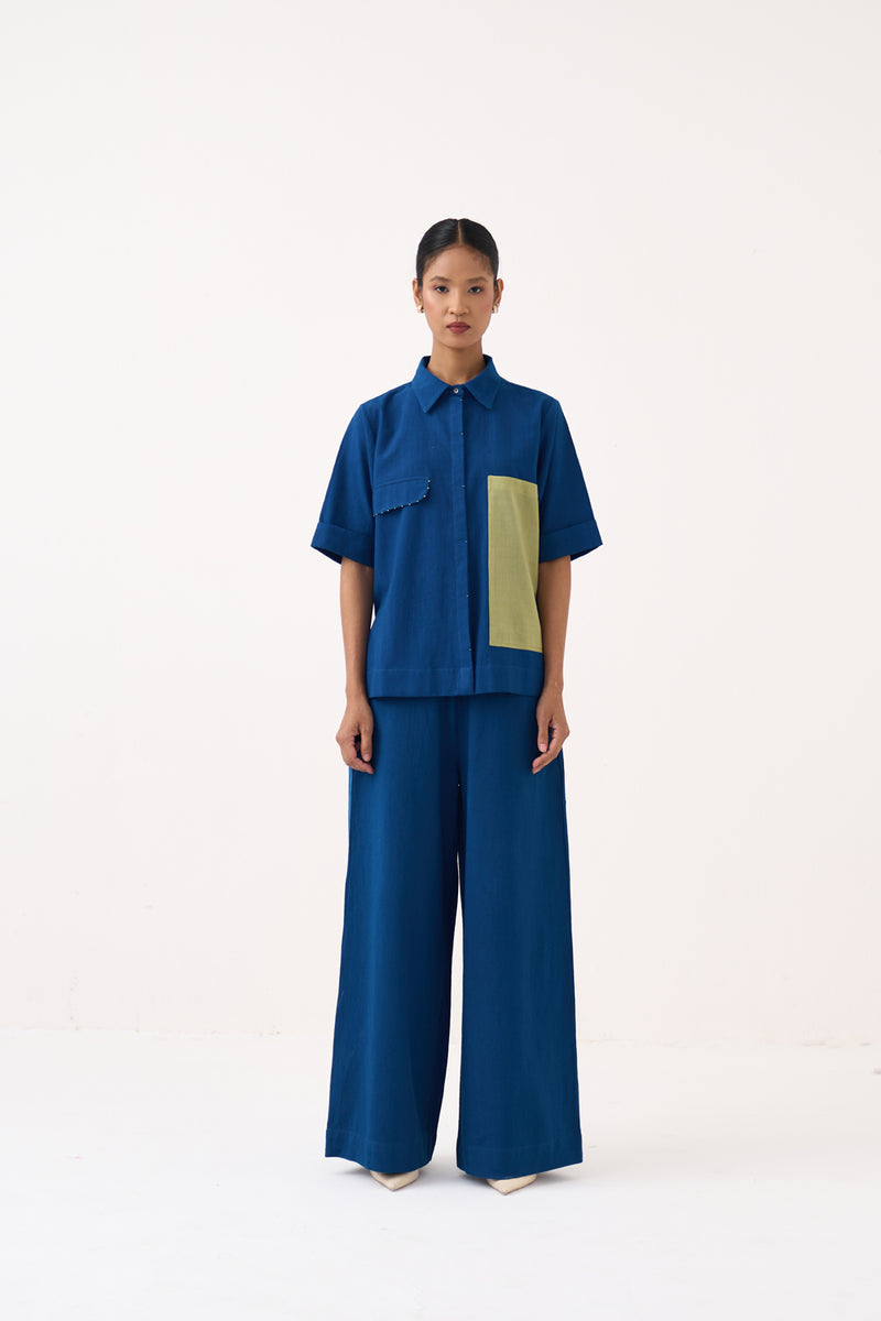 Back Drawstring Floral Shirt-Cobalt Blue handwoven cotton tunics/kaftan by THREE in cobalt blue for women Worldwide