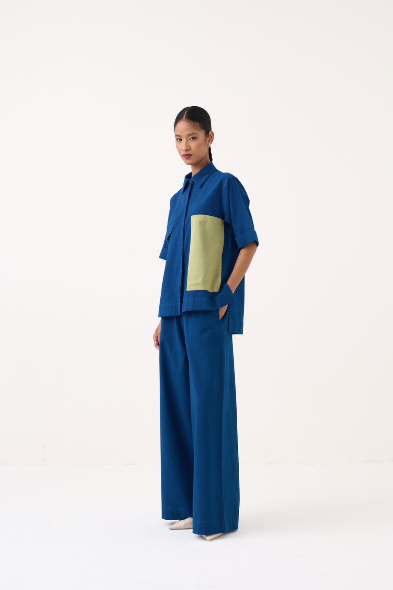 Back Drawstring Floral Shirt-Cobalt Blue handwoven cotton tunics/kaftan by THREE in cobalt blue for women Worldwide
